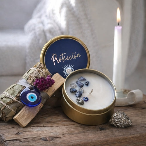 Vela Protection Alaïa con ojo turco, cuarzos y elementos para ritual de protección