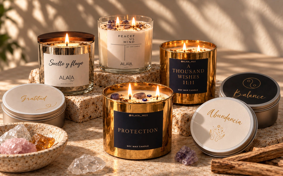 Velas artesanales Alaïa encendidas sobre bloques de piedra, con latas, cuarzos y palo santo