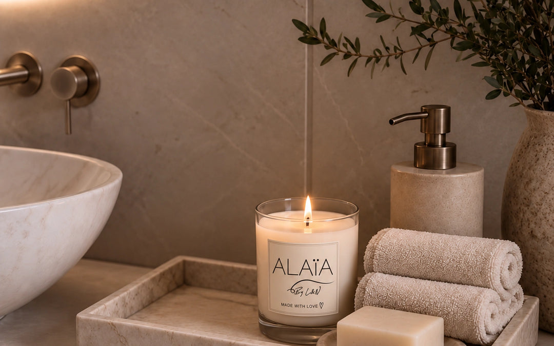 Vela Alaïa encendida en una bandeja de piedra junto a un lavabo, con toallas y jabón