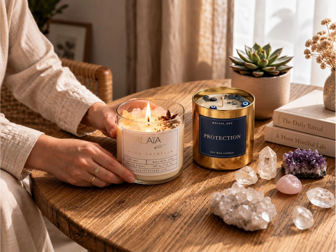 Velas artesanales Alaïa hechas a mano en un ambiente cálido
