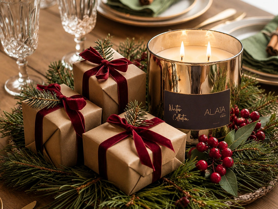 Vela Winter Collection de Alaïa encendida en una mesa navideña, junto a tres regalos envueltos en papel kraft con listón rojo