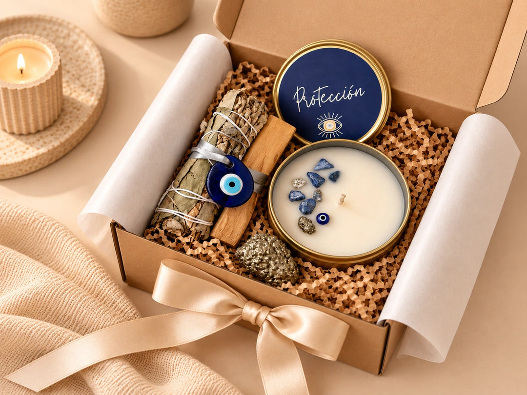 Caja kraft con vela en lata, sodalita, atado de salvia con ojo turco, palo santo y pirita