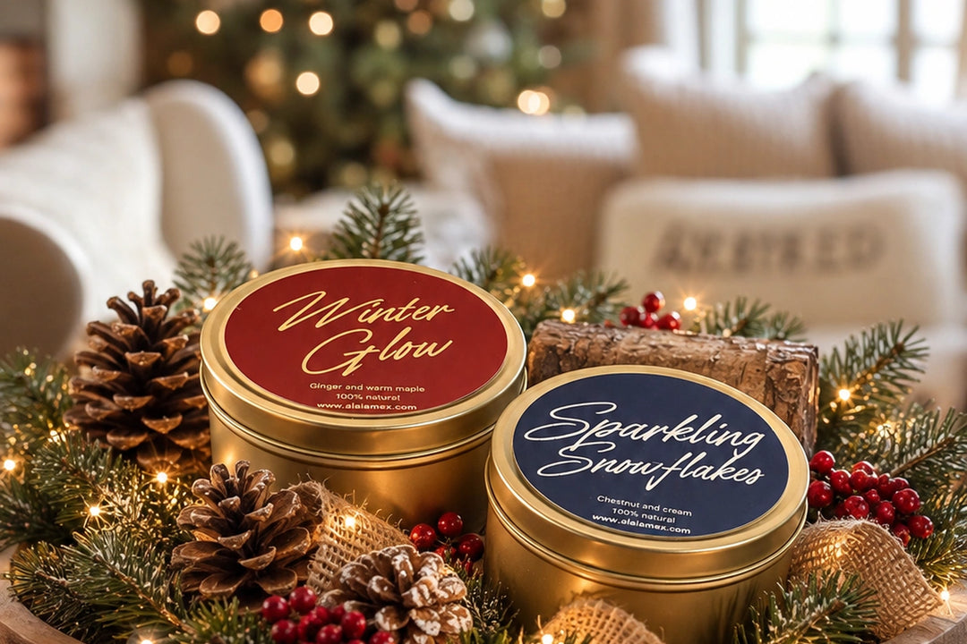 Latas doradas Winter Glow y Sparkling Snowflakes de Alaïa en un centro navideño con piñas y luces, en una sala con árbol al fondo