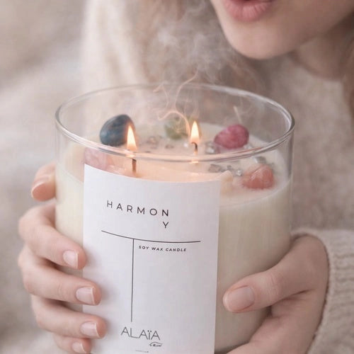 Vela Harmony Alaïa encendida con cuarzos, sostenida entre las manos