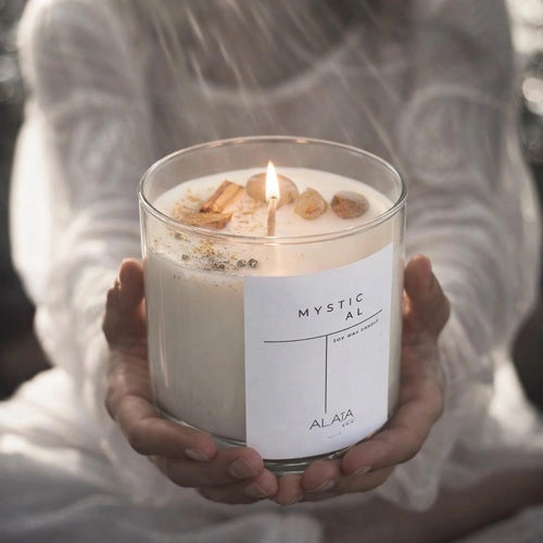 Vela Mystical Alaïa encendida con cuarzos, sostenida entre las manos