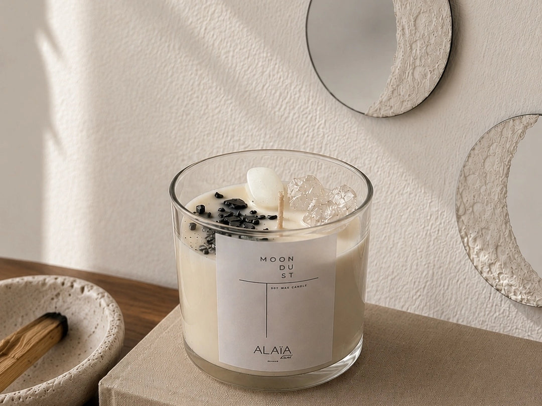 Vela Moon Dust de Alaïa con cuarzos y piedras negras, palo santo en un cuenco y espejos con forma de luna