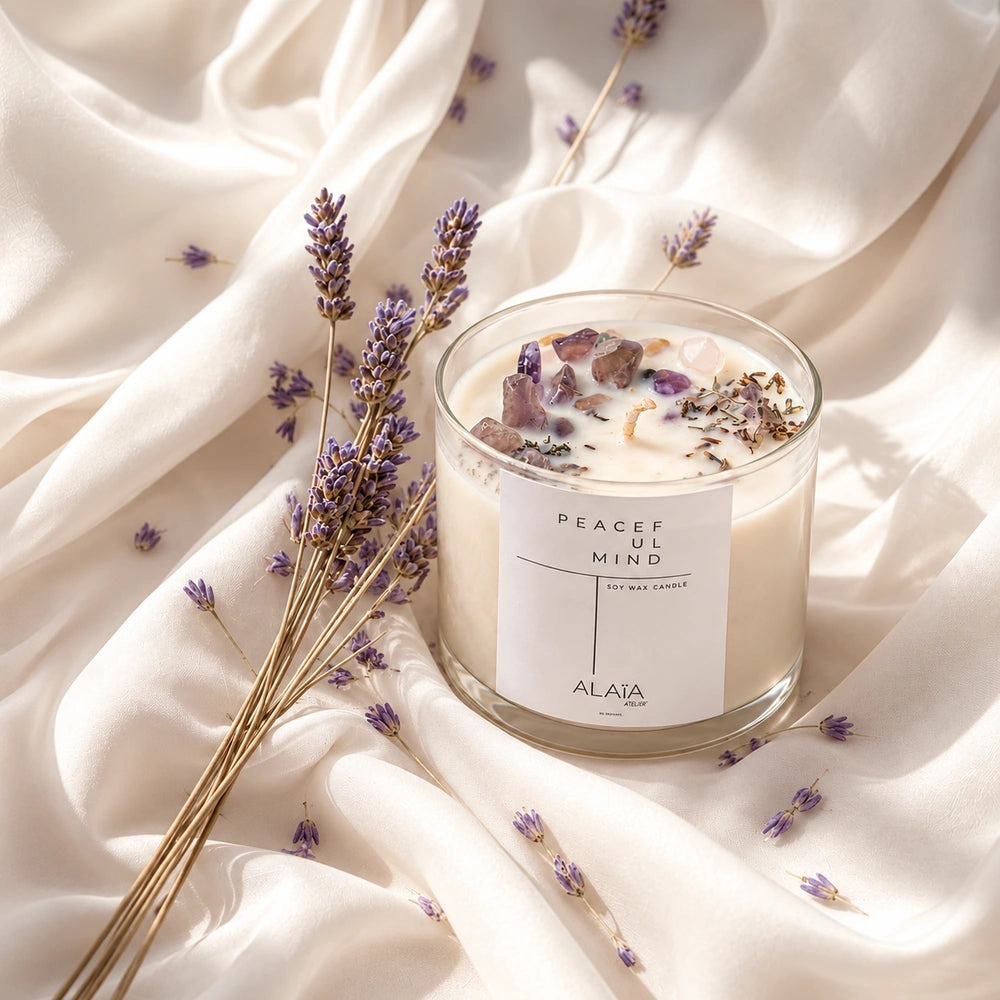 Vela Alaïa con amatista y lavanda sobre tela blanca
