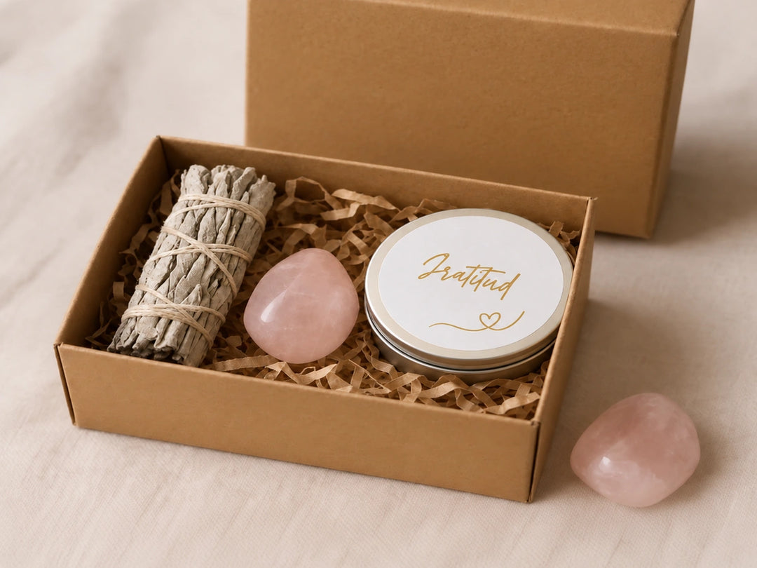 Caja kraft con una lata de vela, un atado de salvia y un cuarzo rosa