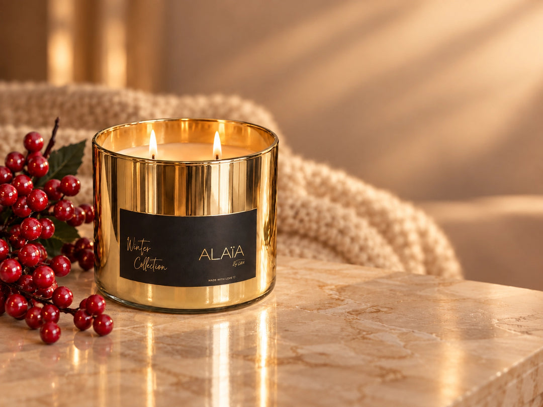 Vela Winter Collection de Alaïa en vaso dorado con dos pabilos encendidos, junto a una rama de bayas rojas