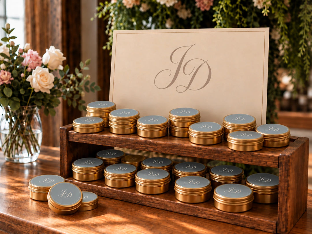 Latas doradas de velas con monograma en la tapa sobre un exhibidor de madera, junto a un arreglo de flores